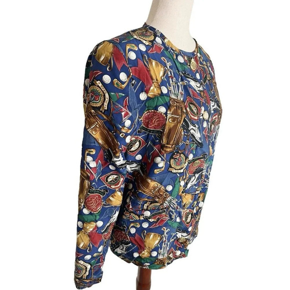 Vtg Women Golf All Over Print Top Topper Silky Elegant Button Front Country Club - Picture 3 of 11